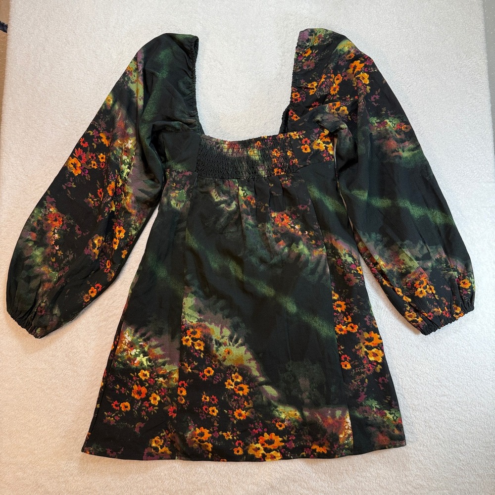 Urban Outfitters Dark Floral Balloon Sleeve Mini Dress Black Multi Size XS - Picture 8 of 10